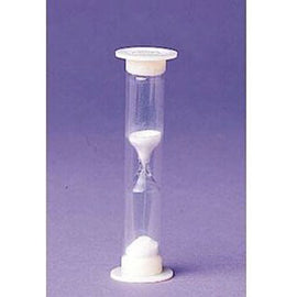 A 1-minute sand timer made by Koplow Games. The timer features a clear hourglass shape with white sand that flows from the upper chamber to the lower chamber, showcasing an elegant design perfect for games and timing activities.