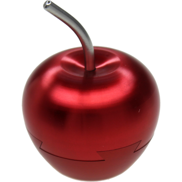 Red Apple Aluminum puzzle by W.G.H. Strijbos, featuring a shiny, metallic red apple design with a small metallic stem. It's a mechanical puzzle that challenges the mind.