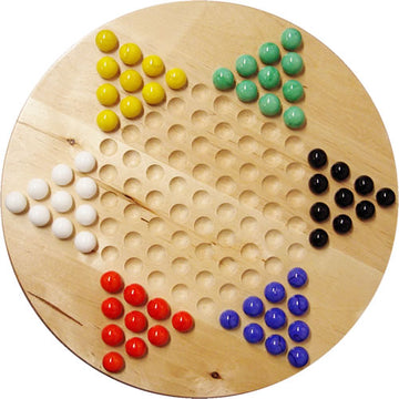 Chinese Checkers game featuring a 12-inch wooden board with colorful marbles in multiple colors: yellow, green, red, blue, white, and black arranged in star patterns. Perfect for family game nights.