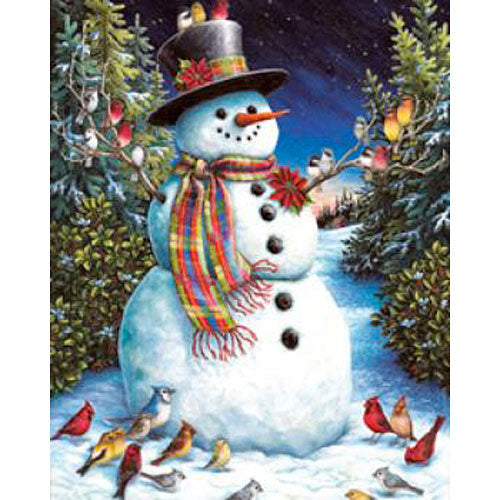A whimsical jigsaw puzzle featuring a cheerful snowman wearing a top hat and a colorful scarf, surrounded by a winter landscape filled with evergreen trees and various songbirds. The snowman has a carrot nose and twig arms, while the background showcases a starry night sky, creating a cozy, festive atmosphere perfect for winter puzzle enthusiasts.