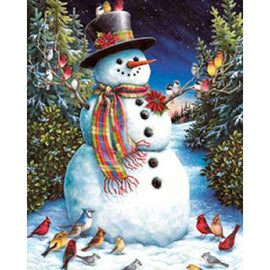 A whimsical jigsaw puzzle featuring a cheerful snowman wearing a top hat and a colorful scarf, surrounded by a winter landscape filled with evergreen trees and various songbirds. The snowman has a carrot nose and twig arms, while the background showcases a starry night sky, creating a cozy, festive atmosphere perfect for winter puzzle enthusiasts.