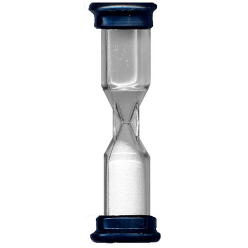 A clear sand timer designed to measure 30 seconds, featuring dark blue end caps. The timer has a classic hourglass shape with fine white sand flowing through the narrow middle.