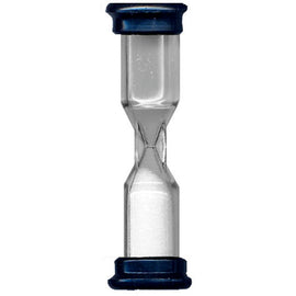 A clear sand timer designed to measure 30 seconds, featuring dark blue end caps. The timer has a classic hourglass shape with fine white sand flowing through the narrow middle.
