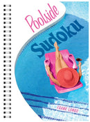 A colorful cover of the 'Poolside Sudoku' book by Frank Longo, featuring a woman lounging on a pink float in a swimming pool, wearing a large red sunhat. The title 'Poolside Sudoku' is prominently displayed in playful, wavy font above the pool, with a spiral binding visible along the left edge.