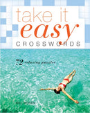 Cover of the book 'Take It Easy Crosswords' featuring the title in bold orange and the subtitle '72 relaxing puzzles'. The background shows a serene image of a person floating in clear blue water, evoking a sense of relaxation and leisure.