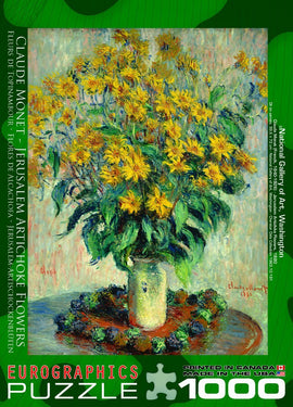 Eurographics jigsaw puzzle featuring Claude Monet's painting of Jerusalem artichoke flowers, showcasing vibrant yellow flowers in a vase. The art piece reflects Monet's impressionistic style, capturing the beauty of the flowers against a soft, textured background. This puzzle consists of 1000 pieces and is perfect for art lovers and puzzle enthusiasts seeking a challenging and decorative activity.