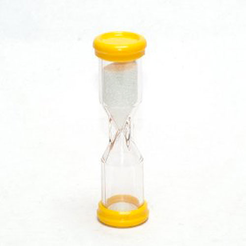 A clear sand timer featuring a yellow top and bottom, designed to measure three minutes. The sand flows through a narrow passage in the center, showcasing a simple yet effective design suitable for various games.
