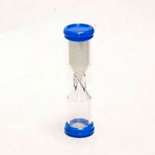 A clear hourglass sand timer with blue plastic caps on both ends, designed to measure two minutes. The flowing sand adds a visual countdown element, perfect for games or time management activities.