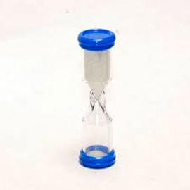 A clear hourglass sand timer with blue plastic caps on both ends, designed to measure two minutes. The flowing sand adds a visual countdown element, perfect for games or time management activities.