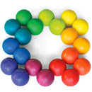 A colorful arrangement of 16 wooden balls in a circular pattern, featuring vibrant shades of blue, green, yellow, orange, purple, and red. Each ball is smooth and polished, showcasing a natural wood grain finish, suitable for fidgeting and playful activities.