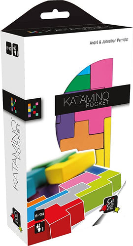 The packaging of Katamino Pocket by Gigamic features vibrant, colorful pieces arranged in a mechanical puzzle design. The box shows a green and blue puzzle piece alongside a red, yellow, and pink layout, indicating the game is suitable for ages 8 and up. The top of the box has a convenient handle for easy carrying, making it a great travel-friendly puzzle game for individuals or families.