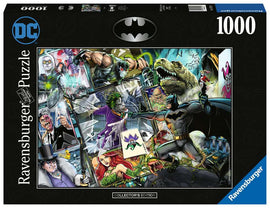 Ravensburger Batman Collector’s Edition jigsaw puzzle featuring Batman in action surrounded by iconic villains like the Joker and Harley Quinn, along with vibrant comic book artwork. The puzzle includes 1000 pieces and showcases a dynamic scene filled with intricate details that fans of the Dark Knight will love.