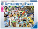 A Traveler's Animal Journey 10 is a 1000-piece jigsaw puzzle by Ravensburger featuring vibrant, detailed images of various animals, including fennec foxes, pandas, and colorful birds, surrounded by adventure-themed visuals such as travel sketches and nature elements. The box showcases diverse wildlife and a variety of artistic renderings, perfect for nature lovers and puzzle enthusiasts.