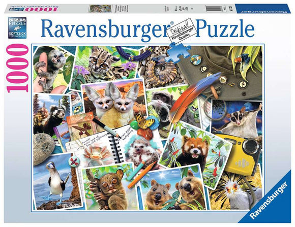 A Traveler's Animal Journey 10 is a 1000-piece jigsaw puzzle by Ravensburger featuring vibrant, detailed images of various animals, including fennec foxes, pandas, and colorful birds, surrounded by adventure-themed visuals such as travel sketches and nature elements. The box showcases diverse wildlife and a variety of artistic renderings, perfect for nature lovers and puzzle enthusiasts.