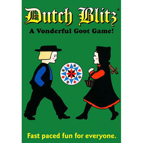Dutch Blitz card game packaging featuring two illustrated characters, a boy in a blue vest and a girl in a black dress, facing each other around a colorful game piece. The background is bright green with the title 'Dutch Blitz' and the tagline 'A Wonderful Goot Game!' emphasizing fast-paced fun for all ages.