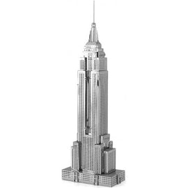 Metal Earth DIY kit featuring an intricate 3D model of the Empire State Building, designed by Fascinations. The model showcases detailed architectural elements like windows, spires, and base, perfect for collectors and DIY enthusiasts.