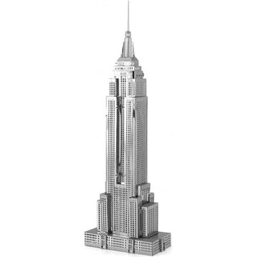 Metal Earth DIY kit featuring an intricate 3D model of the Empire State Building, designed by Fascinations. The model showcases detailed architectural elements like windows, spires, and base, perfect for collectors and DIY enthusiasts.