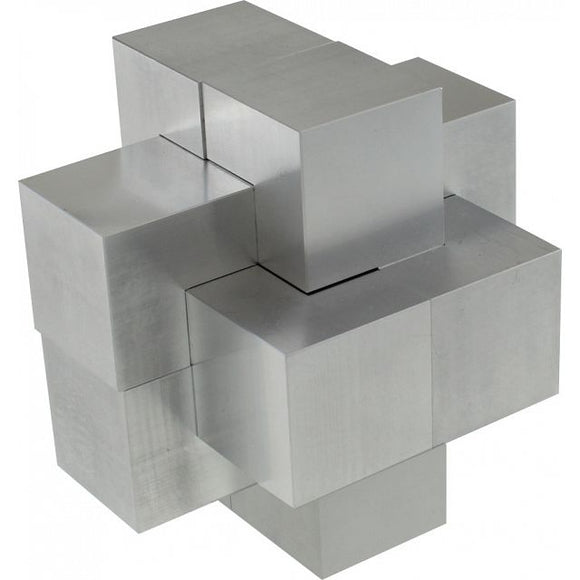 The Aluminum Burr is a mechanical puzzle consisting of interlocking metallic blocks that create a complex, engaging design. Crafted from aluminum, it features a sleek, modern look with a glossy finish and sharp edges, designed to challenge users as they manipulate the various pieces. This intricate puzzle is perfect for enhancing problem-solving skills and providing a challenging brain teaser for enthusiasts of all ages.