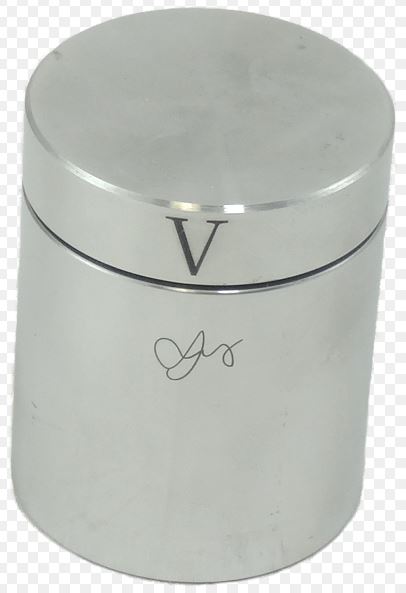 Aluminum Cylinder made by W.G.H. Strijbos, featuring a sleek, shiny surface with a circular shape and a distinctive V-shaped marking on the lid. This mechanical puzzle requires logical thinking to unlock, making it an intriguing addition to any puzzle enthusiast's collection.