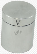Aluminum Cylinder made by W.G.H. Strijbos, featuring a sleek, shiny surface with a circular shape and a distinctive V-shaped marking on the lid. This mechanical puzzle requires logical thinking to unlock, making it an intriguing addition to any puzzle enthusiast's collection.