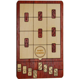 Magic Dominoes mechanical puzzle by Jean-Claude Constantin. The wooden board features engraved domino patterns with a sleek, polished finish, perfect for brain-teasing fun.