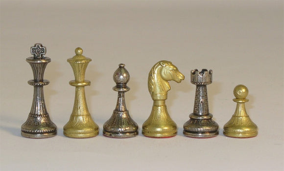 Set of six chess pieces from Italfama, featuring a king, queen, knight, rook, and pawns. The pieces are made of metal with intricate designs and a mix of gold and silver tones, standing 2 inches tall. Ideal for chess enthusiasts and collectors.