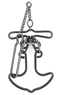 Blackbeard's Revenge Tavern Puzzle by Tucker Jones House, featuring a complex mechanical design made of durable metal. The puzzle consists of interconnected shapes resembling an anchor and includes a chain for added complexity. Perfect for puzzle enthusiasts and those looking for a fun and challenging activity.