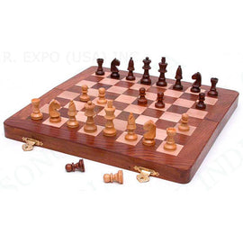 A beautifully crafted 10-inch folding wood chess set by R. Expo, featuring a wooden chessboard with alternating light and dark squares and intricately designed wooden chess pieces in two colors. The board is closed, showcasing its portability and storage capability, making it ideal for travel and easy handling.
