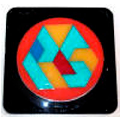A colorful mini diamond ring mechanical puzzle featuring multiple geometric shapes in vibrant colors such as red, blue, yellow, and green, presented in a circular design on a black background. This intricate puzzle challenges the user to manipulate the pieces to achieve the desired configuration.