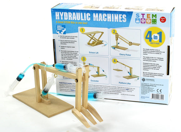 Hydraulic Machines 4 in 1 Kit by Pathfinders displayed at an angle. The kit features various pre-cut wooden models including a scissor lift, cherry picker, excavator, and platform lifter, with tubes and syringes demonstrating hydraulic mechanisms. The back of the box showcases instructions and highlights its STEM education benefits for children aged 8 and up.