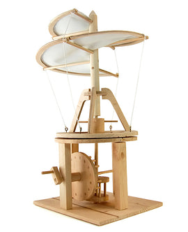 The da Vinci Helicopter DIY kit by Pathfinders features a detailed wooden model with a rotating rotor, designed to mimic the concept of flight from Leonardo da Vinci's sketches. The kit includes all necessary pieces for assembly, showcasing intricate craftsmanship and educational value, ideal for hobbyists and enthusiasts.