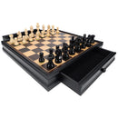 A premium 3.5-inch chess set featuring a beautifully crafted black and natural wood board. The set includes intricately designed black and white chess pieces neatly arranged on the board, with a spacious drawer for storage beneath. Perfect for chess enthusiasts and collectors.