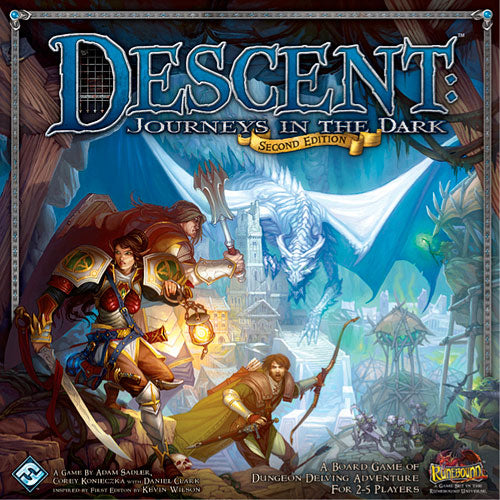 Descent: Journeys in the Dark (Second Edition) game box featuring dynamic artwork. Two heroes, a warrior and a spellcaster, face off against a dragon in a fantasy landscape, ideal for 2-5 players.