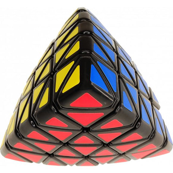 The Professor Pyraminx is a mechanical puzzle shaped like a pyramid. It features a sleek design with vibrant colored panels in red, blue, yellow, and black. This intriguing puzzle challenges users to align the colors on each side by twisting and turning its sections, making it a perfect choice for puzzle enthusiasts.