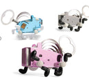 A collection of three whimsical windup creatures in various colors including pink, blue, and clear. Each creature features a winding key, playful legs, and a charming design that showcases its mechanical nature, ideal for engaging hands-on play.
