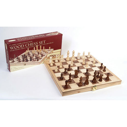 A 15-inch folding chess board featuring a classic design with light and dark wooden squares. The board is set up with pieces ready for play, including a 3-inch King piece. The packaging by John N. Hansen Co. Inc. displays the title "Wood Chess Set" with elegant graphics, ideal for both beginners and seasoned players.