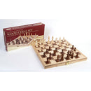 A 15-inch folding chess board featuring a classic design with light and dark wooden squares. The board is set up with pieces ready for play, including a 3-inch King piece. The packaging by John N. Hansen Co. Inc. displays the title "Wood Chess Set" with elegant graphics, ideal for both beginners and seasoned players.