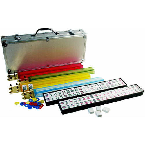 Mah Jongg Deluxe game set by John N. Hansen Co. Inc., featuring a sturdy aluminum case, colorful game tiles, scoring indicators, and game accessories, arranged neatly for gameplay. Ideal for family gatherings and game nights.