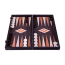 15-inch Wenge wood replica backgammon set featuring a stylish design with alternating light and dark points. Includes smooth playing pieces in white and brown, set in a high-quality finish, perfect for classic gameplay.