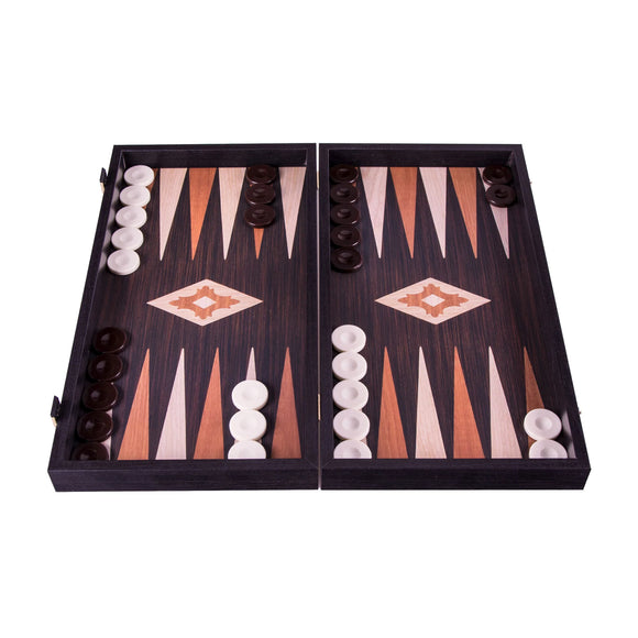 15-inch Wenge wood replica backgammon set featuring a stylish design with alternating light and dark points. Includes smooth playing pieces in white and brown, set in a high-quality finish, perfect for classic gameplay.