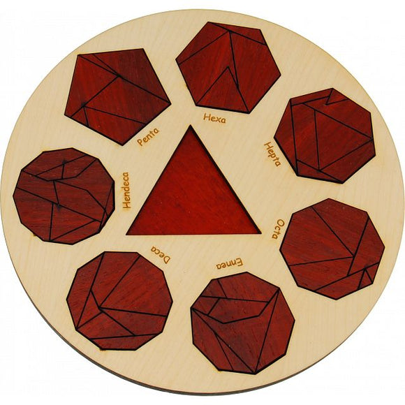 The Mathekreis by Jean-Claude Constantin is a circular mechanical puzzle featuring a wooden base with eight distinct polyhedral shapes labeled Penta, Hexa, Hendeca, Deca, Ema, Octa, and Pytha. Each piece has unique contours and a rich wood finish, with a triangular space in the center. This puzzle challenges users to fit the pieces back into their correct positions, combining fun and education in geometry.