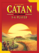 Catan: 5-6 Player Extension board game box featuring vibrant artwork. The cover shows a picturesque landscape with a sunrise, three characters in medieval attire, and a backdrop of hills and settlements. Perfect for expanding Catan gameplay for larger groups.