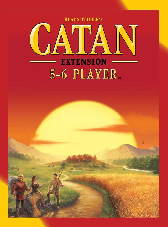 Catan: 5-6 Player Extension board game box featuring vibrant artwork. The cover shows a picturesque landscape with a sunrise, three characters in medieval attire, and a backdrop of hills and settlements. Perfect for expanding Catan gameplay for larger groups.