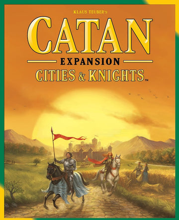 The image features the box art for Catan: Cities & Knights, an expansion game by Asmodee, showcasing knights on horseback riding towards a medieval city under a vibrant sunset. The title 'Catan' is prominently displayed at the top, with a scenic background of mountains and fields.