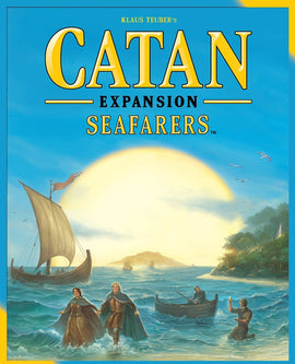 Catan: Seafarers expansion game box cover featuring a vibrant illustration of characters sailing and walking in the water with ships in the background under a bright sun.