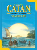 Catan: Seafarers 5-6 Player Extension game box featuring vibrant artwork. The cover showcases characters on water, sailing boats, and an expansive blue sky, highlighting exploration themes.