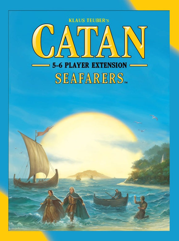 Catan: Seafarers 5-6 Player Extension game box featuring vibrant artwork. The cover showcases characters on water, sailing boats, and an expansive blue sky, highlighting exploration themes.