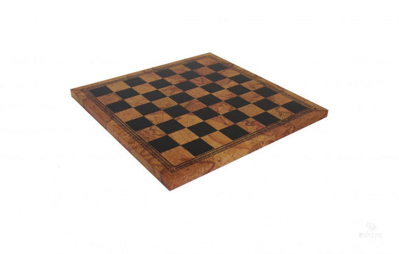 A 13-inch leather chessboard featuring an old map design. The board has alternating black and natural wood squares with intricate detailing along the edges. Perfect for both decorative display and gameplay.