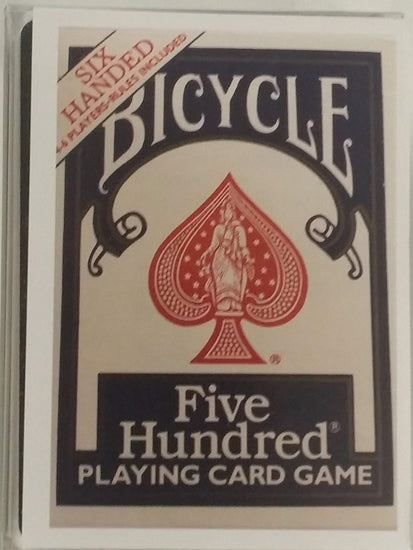 Bicycle Six Handed 500 playing card game box featuring a classic design with an illustrated spade and the text 'Five Hundred' prominently displayed. The top left corner includes a label stating 'Six Handed' to indicate the number of players. The card game is produced by US Playing Card Co., designed for social play and strategy.