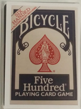 Bicycle Six Handed 500 playing card game box featuring a classic design with an illustrated spade and the text 'Five Hundred' prominently displayed. The top left corner includes a label stating 'Six Handed' to indicate the number of players. The card game is produced by US Playing Card Co., designed for social play and strategy.
